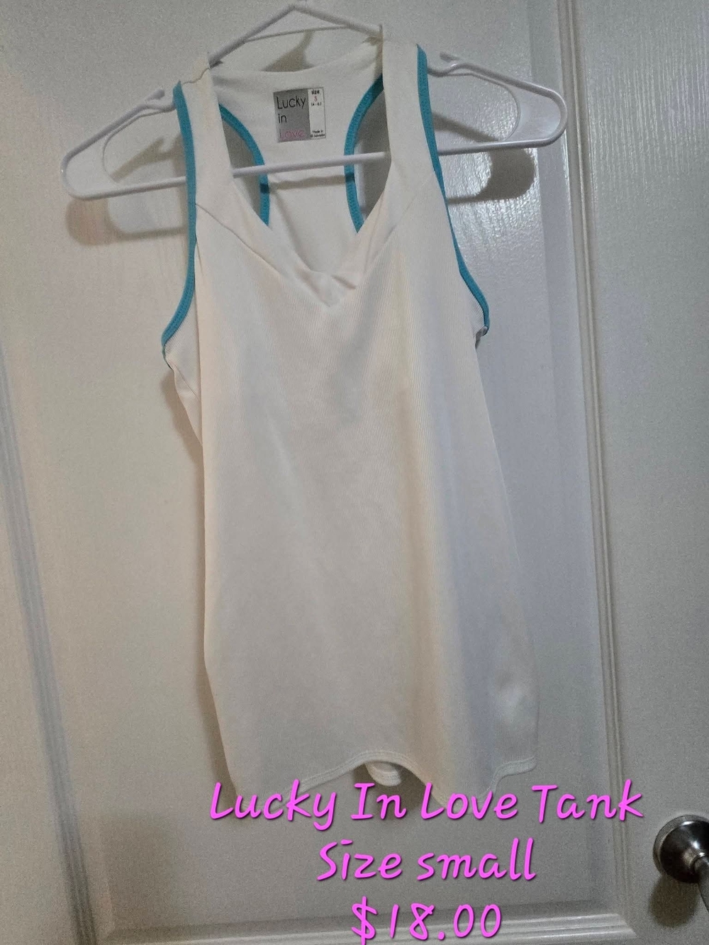 Lucky in Love White Tank with Teal Trim Racerback